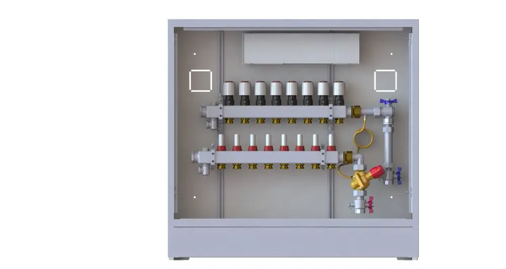 Danfoss Heizkreisverteilungseinheit mit mehreren Anschlussventilen und Regelungen, montiert in einem grauen Gehäuse, zur komfortablen Verteilung von Heizungswasser.